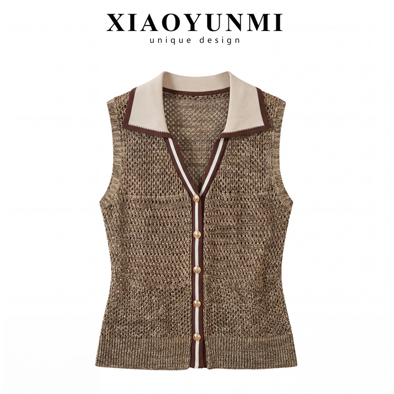 High-End Old Money Style Hollow-Out Unique Knitted Vest for Women, Summer Coffee Color Breathable Polo Shirt Sleeveless Top