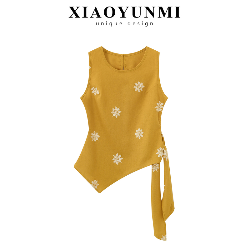 Xiaoyunmi 2026 New Women's Summer Vacation Outfit Mango Yellow Sleeveless Top Irregular Embroidered Vest