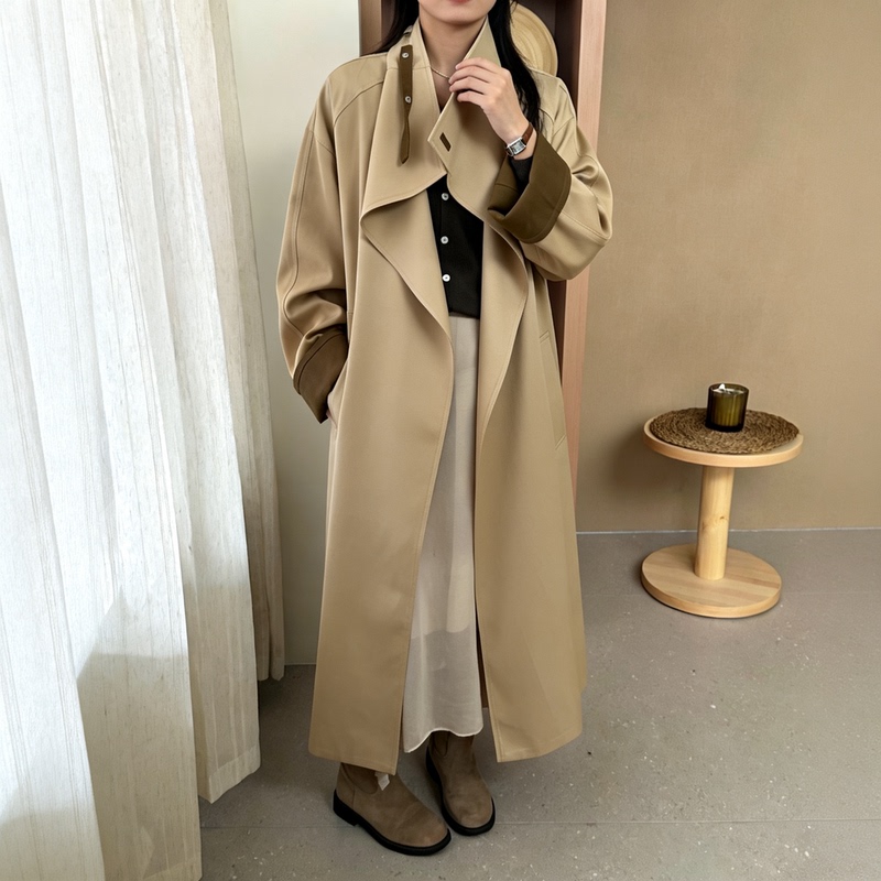 Urban Romance~ Khaki British Style Design Contrasting Color Trench Coat for Women, Autumn Belted Long Casual Jacket Urban Romance~ Khaki British Style Design Contrasting Color Trench Coat for Women, Autumn Belted Long Casual Jacket