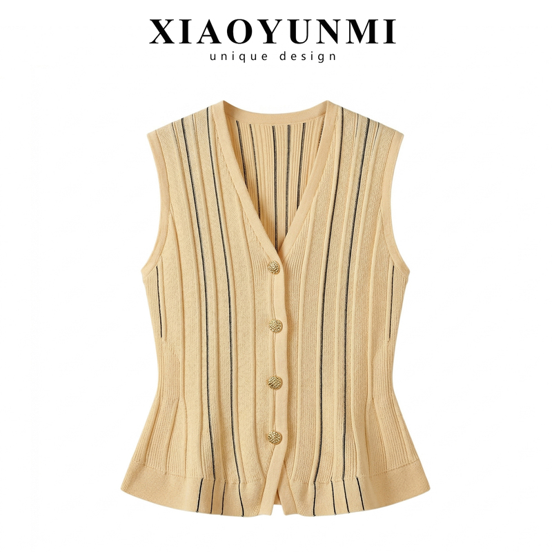2026 Cool Summer Lazy Slimming Old Money Style Knitted Cardigan Vest for Women in Light Yellow with a Sense of Design, Sleeveless Top