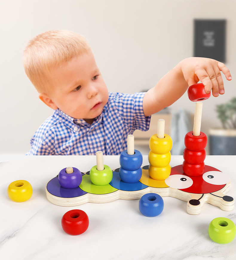 Cross-border wooden caterpillar superimposed sets of columns beaded building blocks kindergarten early education color cognition children assembled Mussen