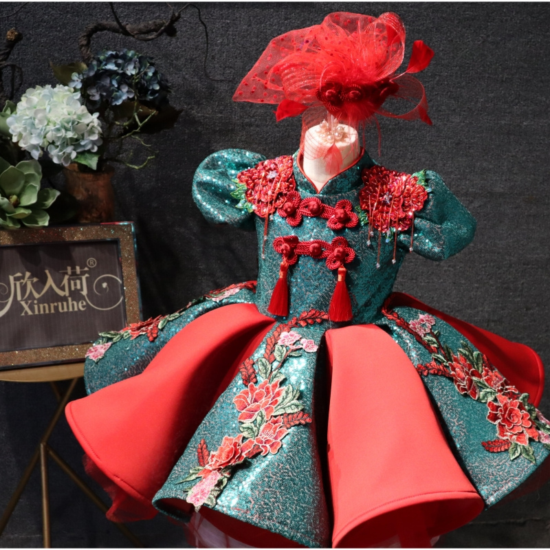 New Arrival Green and Red Patchwork New Year's Day Photography Choir Performance Chinese Style Short Dress