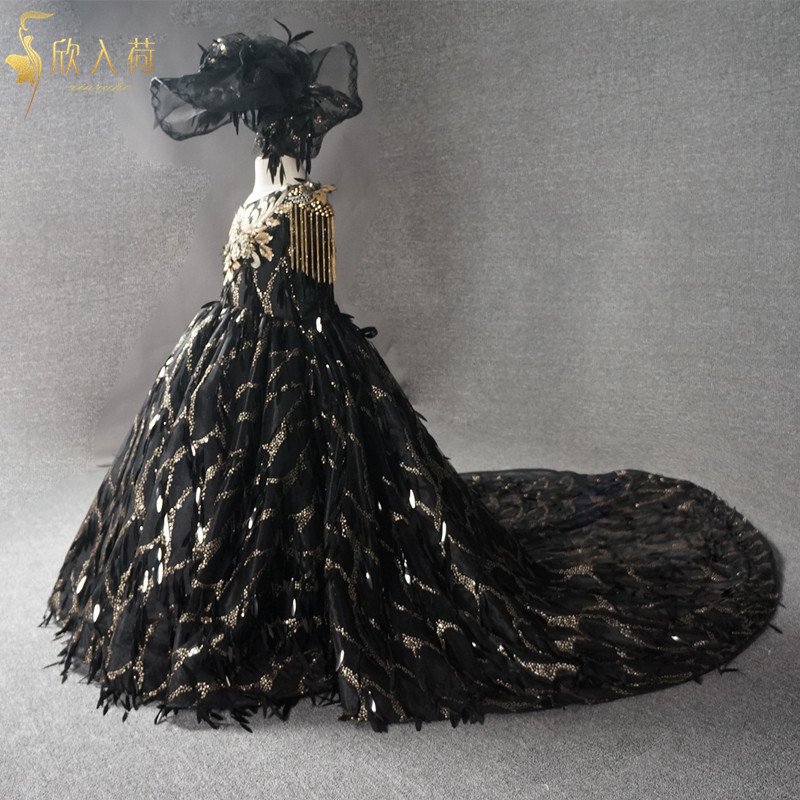 Xin lỗi vai trẻ em váy đen cô gái catwalk trang phục váy công chúa váy đuôi dài bầu không khí thời trang bé trai