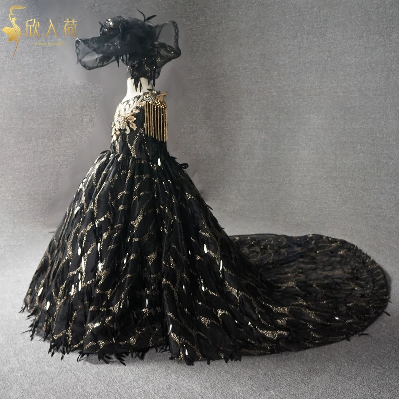 Xin lỗi vai trẻ em váy đen cô gái catwalk trang phục váy công chúa váy đuôi dài bầu không khí