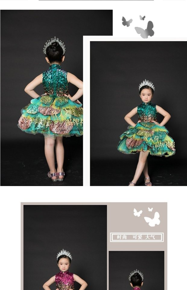 Trình diễn trang phục thiếu nhi phong cách Trung Quốc Tutu Giáng sinh Năm mới cô gái tổ chức trang phục catwalk trình diễn sequin xanh set vest cao cấp 3 chi tiết cho bé trai