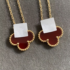 18K Gold Medium-Sized Four-Leaf Clover Necklace with Full Diamond Inlay, Red Agate, White Mother-Of-Pearl, Black Onyx, Au750 Natural Diamonds for Women