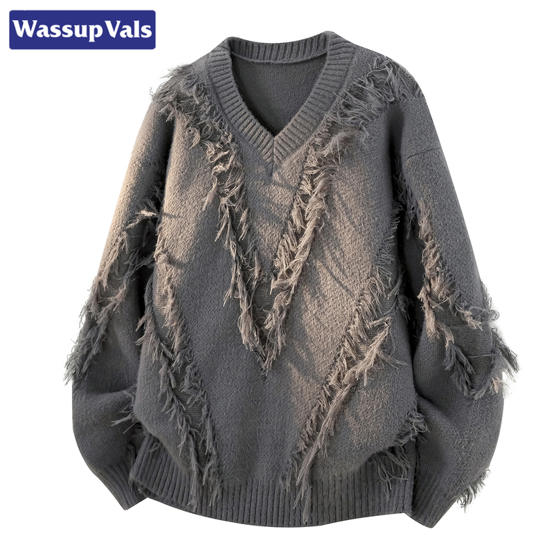 Wassup Vals American High Street Design Tassel V-Neck Knitwear Men's New Autumn Solid Color Casual Knitwear