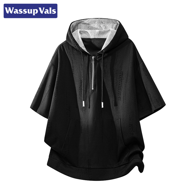 Wassup Vals Trendy Brand Hooded Half-Zip Short-Sleeved Hooded Sweatshirt Men's Loose Large Size Casual Summer Top Wassup Vals Trendy Brand Hooded Half-Zip Short-Sleeved Hooded Sweatshirt Men's Loose Large Size Casual Summer Top