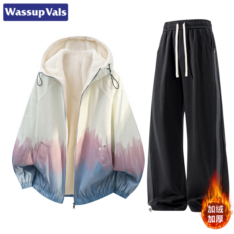 Wassup Vals American Style New Hooded Gradient Tie-Dye Jacket for Men, Fleece-Lined Winter Warm Two-Piece Set