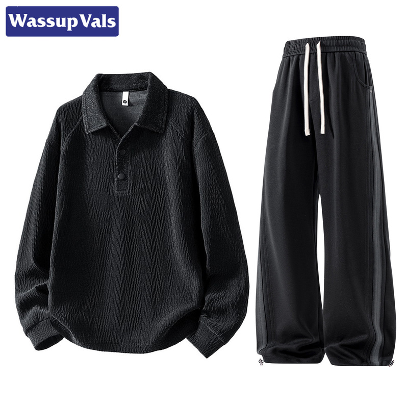 Wassup Vals American-Style Large Size Loose Textured Lapel Sweatshirt Set for Men, Autumn Casual Two-Piece Set, Trendy