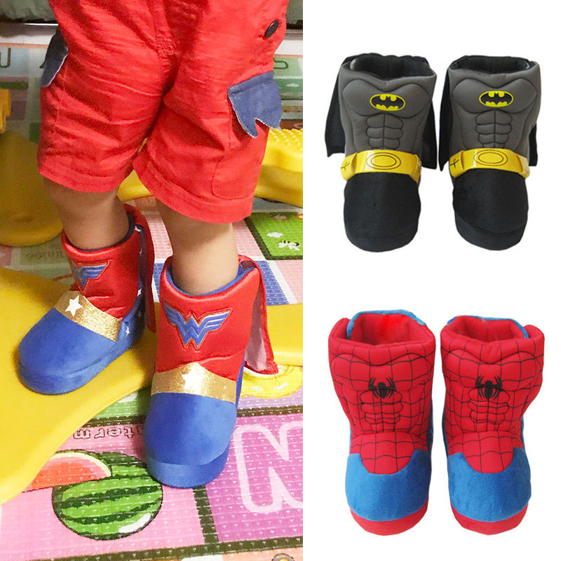 Batman Spider-Man Superman Children's Cartoon Mid-Tube Home Shoes Boys and Girls Indoor Soft-Soled Warm Cotton Slippers