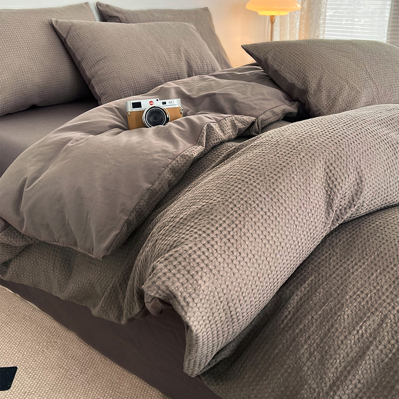 Light Luxurious Waggi Washed Cotton Bed Four Pieces Of Pure Cotton Full Cotton Minimalist Pure Color Quilt Cover Bed Linen Three Sets-Taobao