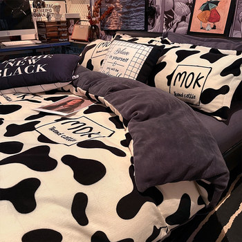 ins Winter Milk Velvet Bedding Four-Piece Set Coral Fleece Duvet Cover Double-Sided Flannel Thickened Bed Sheet Three-Piece Set 4