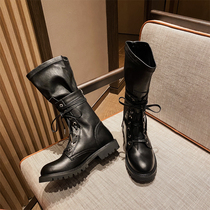  Song Qian Yang Mi the same Martin boots womens real leather 2020 skinny boots black British style RTA elastic mid-barrel boots