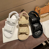 Small fragrant wind sandals womens real leather 2021 summer new net red velcro thick-soled sports fairy wind sand beach roman shoes