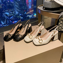  2021 new spring and summer thick-heeled horse collar buckle retro French high-heeled square head shallow mouth single shoes leather baotou sandals