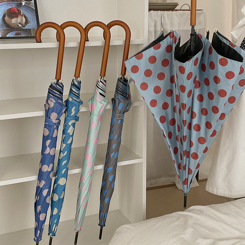 Long-Handled Umbrella for Women, Retro Large Polka Dot Straight Pole, Reinforced Windproof, Dual-Use for Sun and Rain, Uv Protection, Automatic Sunshade Umbrella