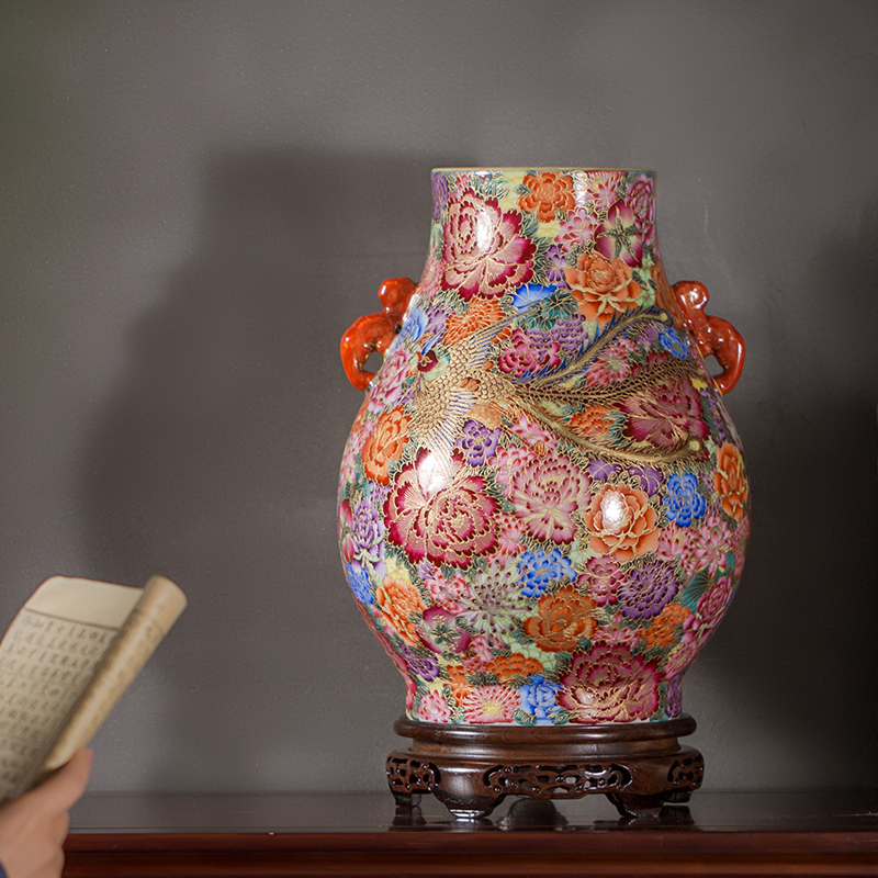 Jingdezhen Ceramic Vase Pendulum sketching gold enamel hand-painted imitation ancient Longfeng Living room Xuanguan Three sets of decorations