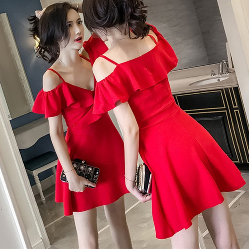 Trendy Spaghetti Strap Dress for Women, 2025 Summer New Style, Slim Fit, Sexy, Revealing Chest, V-Neck, Stylish, Retro A-Line Dress