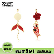 Original China Wind Red Luck carp pure silver earrings New Years theme New Palace Ear Clip