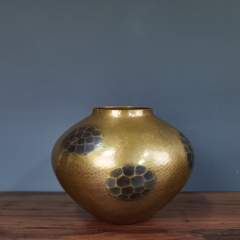 玉川堂手作日本中古銅製龜甲紋花瓶中號檯面花器居家復古裝飾賞瓶