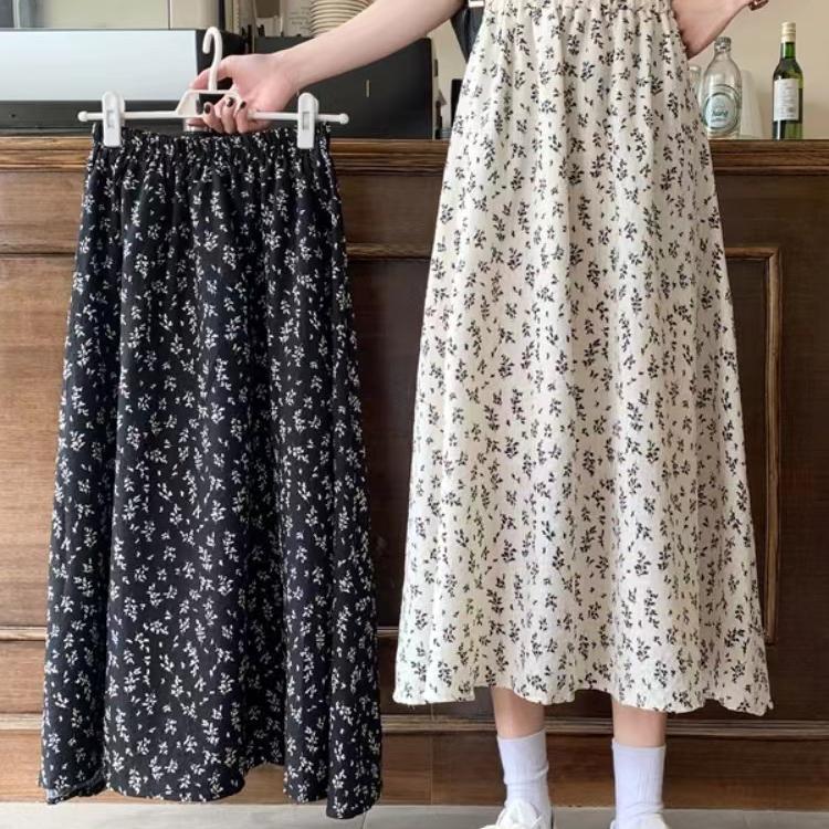 Early Spring 2025 New Black Floral A-Line Skirt Small High-Waisted French Skirt Women's Mid-Length Skirt
