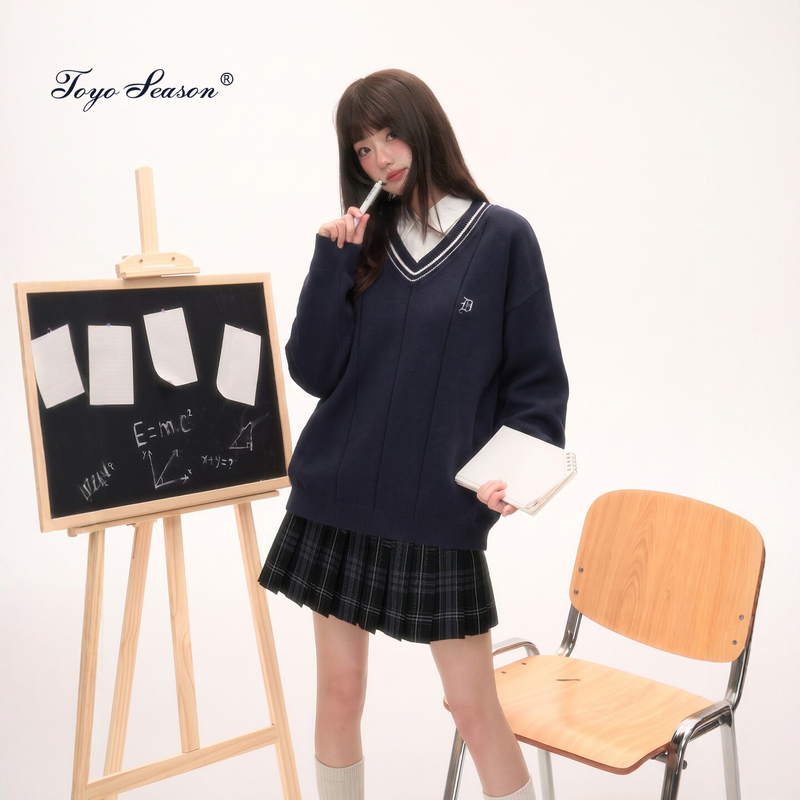 Tokyo Seasonal Diary Jk Navy Blue Pullover Sweater, Preppy Style Autumn Outfit Knitwear 2026 New Women's Top