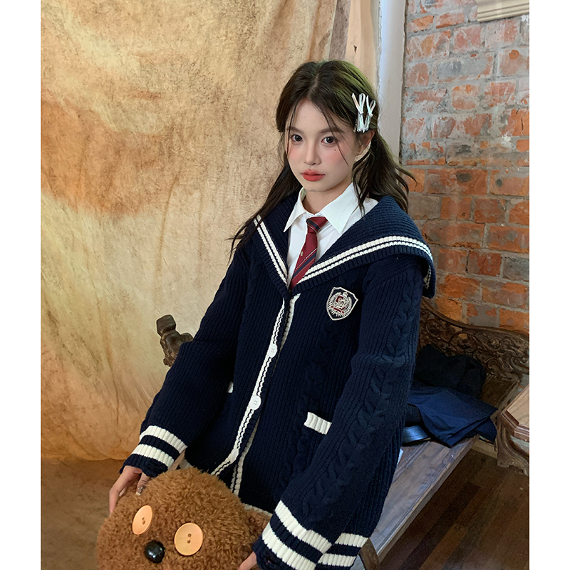 Tokyo Seasonal Diary Jk Uniform Sweater Knitted Cardigan Jacket for Women, Navy Blue Military Collar, College Style, Loose and Casual for Autumn