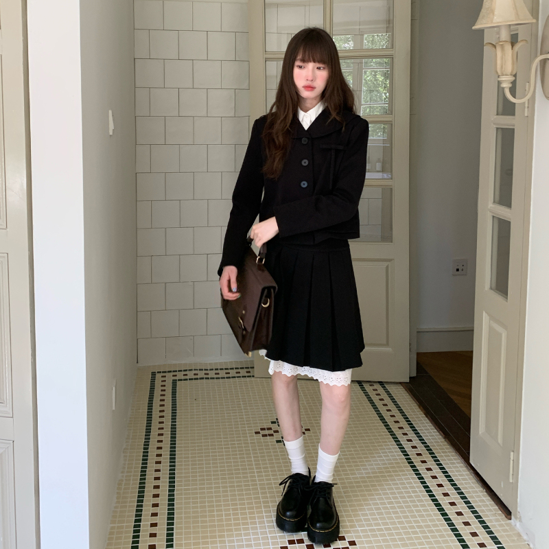 Tokyo Seasonal Diary Jk Uniform Black Suit Navy Collar Short Jacket Women's Autumn and Winter College Style Lace Skirt Set Tokyo Seasonal Diary Jk Uniform Black Suit Navy Collar Short Jacket Women's Autumn and Winter College Style Lace Skirt Set