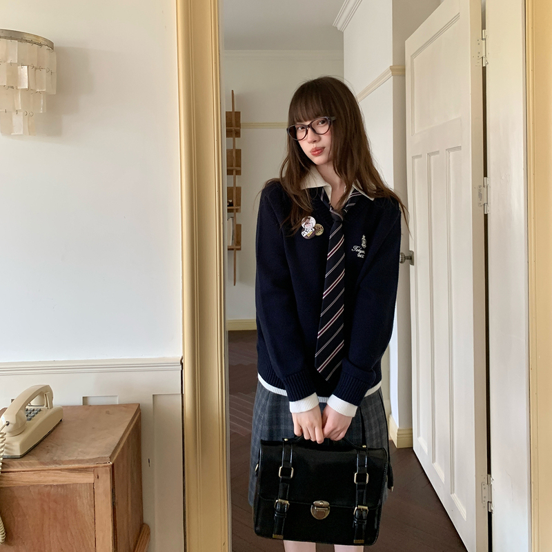 Tokyo Seasonal Diary Jk Autumn/Winter Two-Piece Color-Block Lapel Sweater Navy Blue Petite Pullover Knit Top for Women