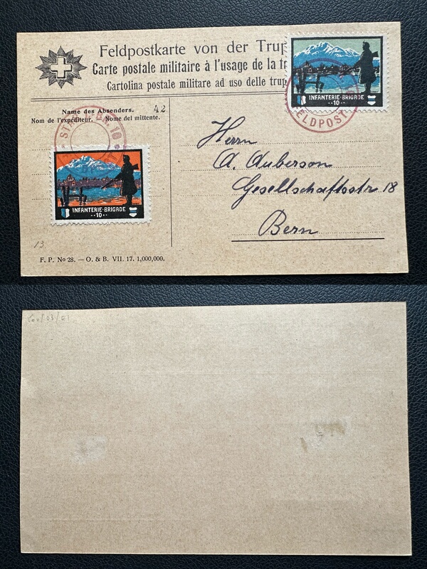 Swiss Army Postal Service Field Post Office Free Postage Stamp 1917 World War I Military Stamp Lucerne Soldier