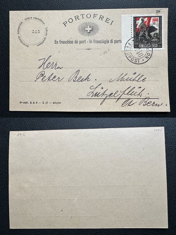 Swiss Army Postal Service Field Post Office Free Shipping Stamp 1917 World War I Military Stamp Soldier Charge Stamp Postmarked