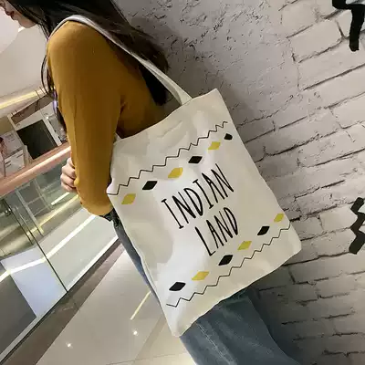 2021 New thick canvas bag female art Joker white letter shoulder bag college style zipper bag