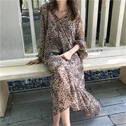 Over the knee dài tay áo dài V-Cổ leopard print voan váy mùa thu Hàn Quốc retro lỏng mỏng váy nữ