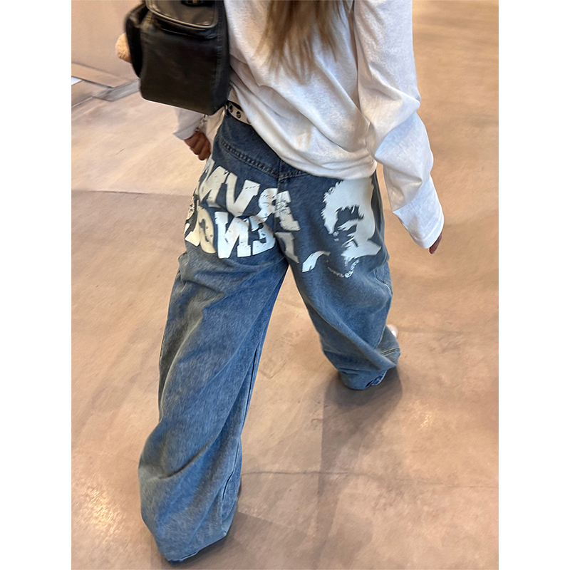 American Retro Loose Washed Printed Scimitar Jeans for Women 2026 Summer New Straight Versatile Wide-Leg Pants