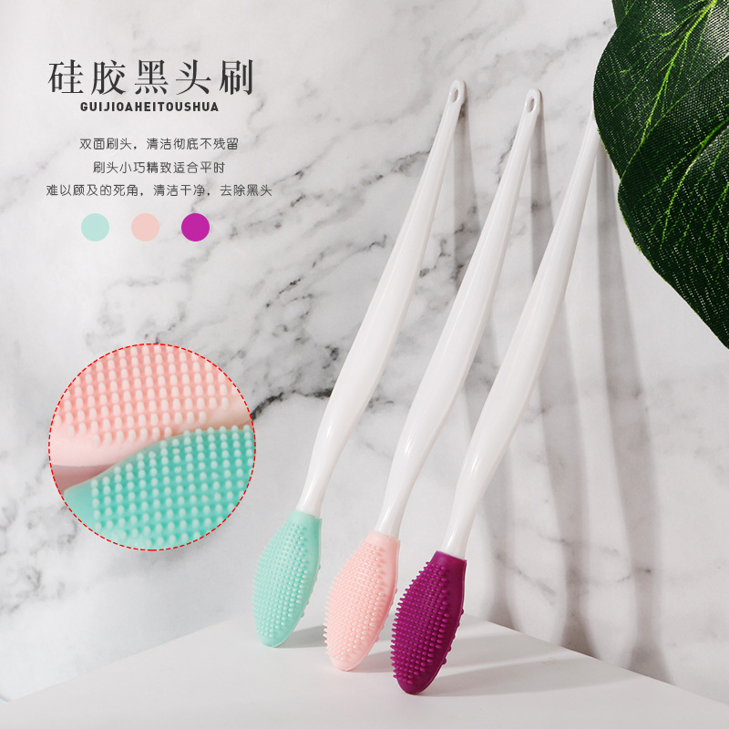 Factory direct double sided silicone gel long handle wash nose brush to black head brush clean nose wing acne wash face brush spot-Taobao