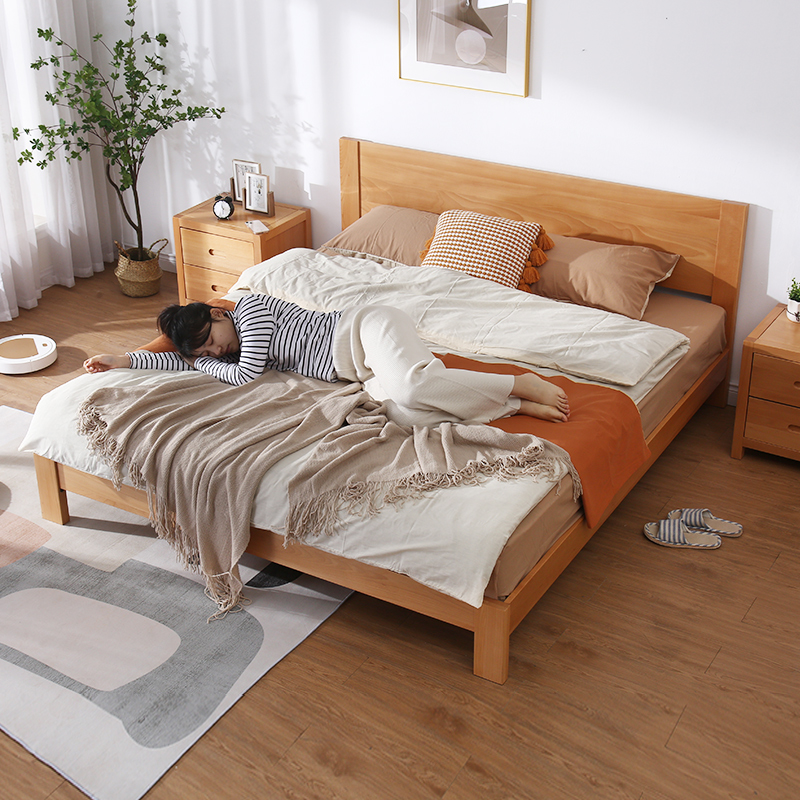 Gold Multijoy Solid Wood Bed 1 8 m 1 5 modern minimalist master bedroom Nordic solid wood double bed European beech wood large plate bed