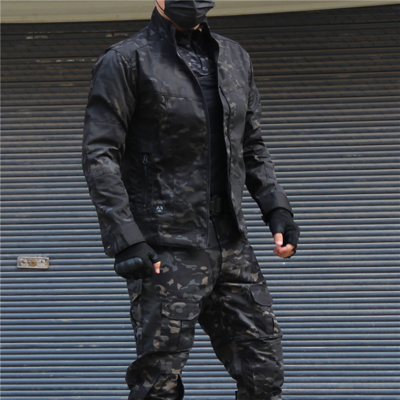 Spring and Autumn Men's Outdoor Thin Jacket, Camouflage Suit, Tactical Short Jacket, Loose Waterproof and Windproof Trousers, Wear-Resistant