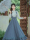 Design sense of the Republic of China hanging neck skirt and bow shirt two-piece set waist waist milk sweet literary suit skirt chic