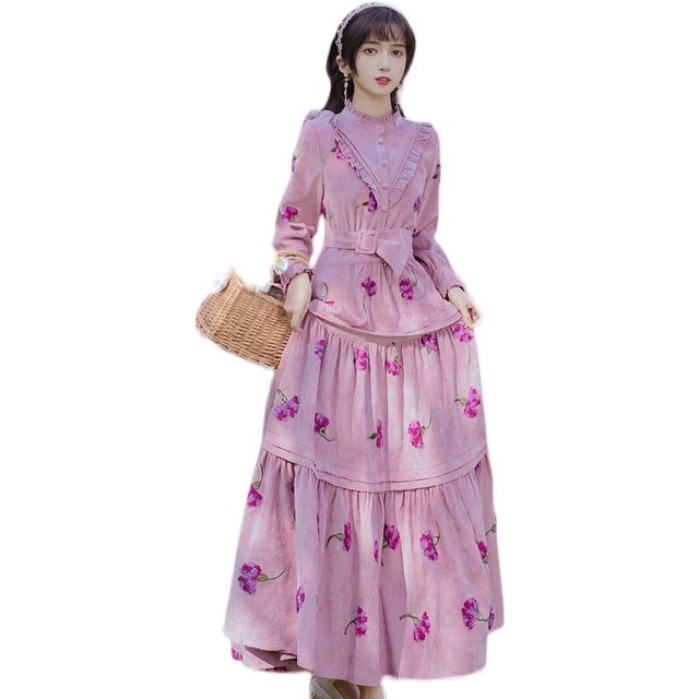 Autumn and winter corduroy thick dress design with elastic waist French embroidery high waist long skirt can be salty or sweet big swing skirt