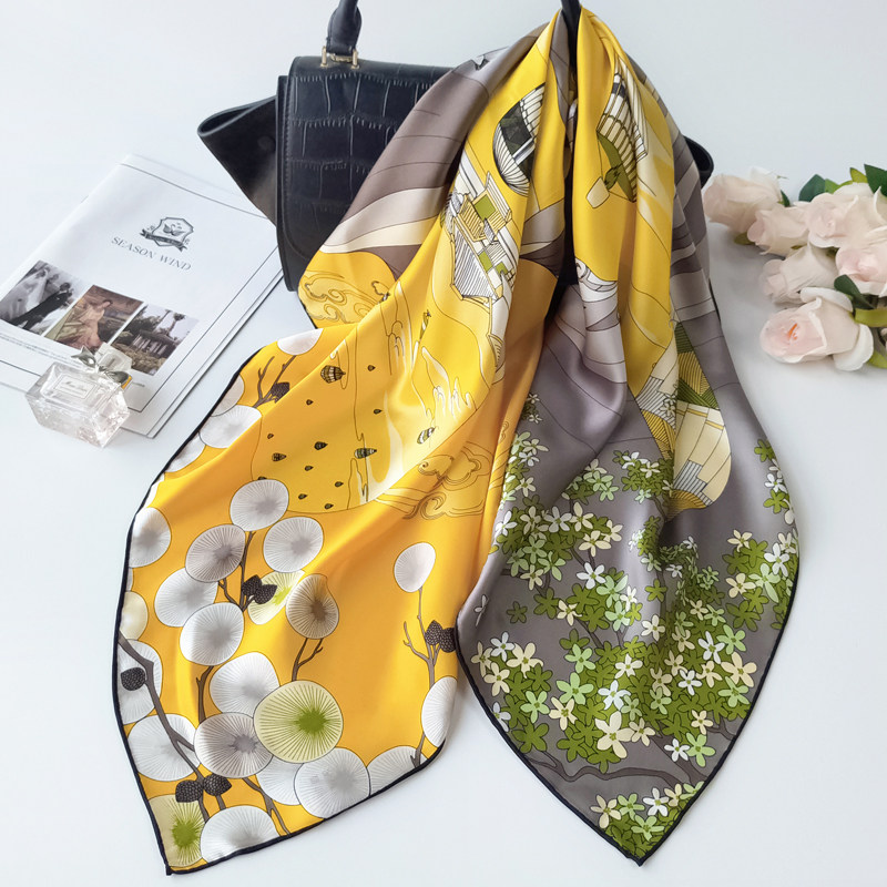 Spring and summer high-end yellow heavy pound real silk scarf large square towel 90cm satin noodles 100% mulberry silk scarlet Hangzhou silk 
