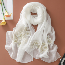 Summer new white embroidered silk scarf Joker embroidered mulberry silk scarf thin sunscreen shawl women