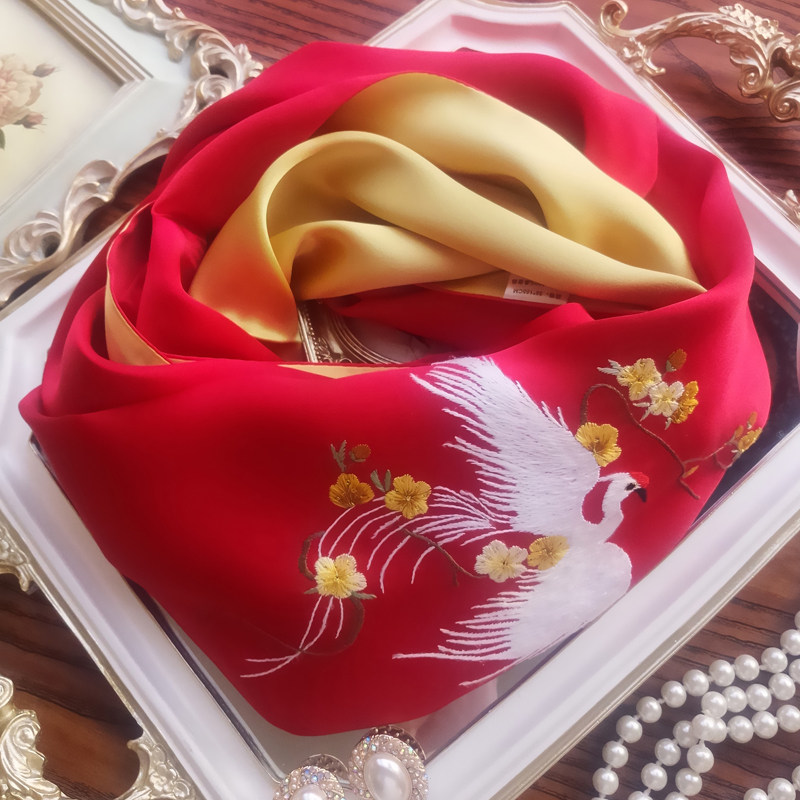 Su embroidery wedding big red silk scarf female hand embroidery Mulberry silk scarf double-sided silk shawl bride