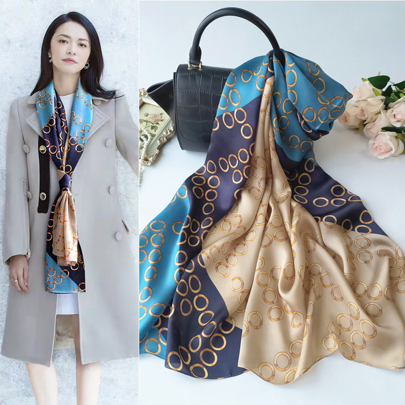 Autumn and Winter Europe and the United States big satin silk scarf wild tail single 100% Mulberry silk scarf Hangzhou silk shawl women