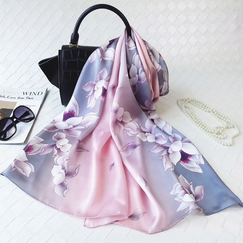National style high-grade satin silk scarf%Mulberry silk scarf Pink gray sunscreen shawl Hangzhou silk women