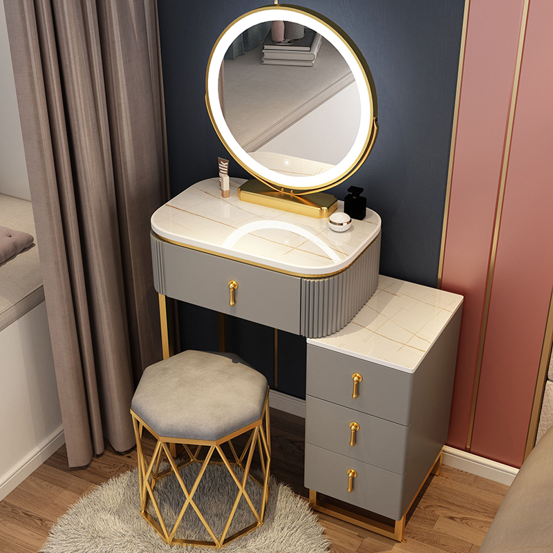 Dressing table bedroom Organizer cabinet makeup table Mirror (29112:16541580:Installation method:Whole;1627207:13379400002:sort by color:Small apartment in the city gray 50cm table + cabinet + smart mirror + gray gold bird nest stool)