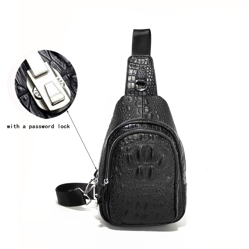 Fentloro Men's Genuine Leather Chest Bag with Password Lock Crocodile Pattern Fashion Crossbody Bag with Earphone Hole Small Bag