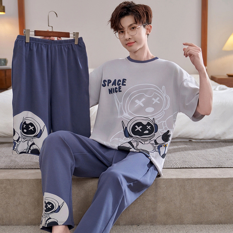 Men's Summer Short-Sleeved Pure Cotton Thin Three-Piece Cartoon Pajamas Set for Teenagers and Older Children Plus Size Home Wear Set