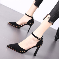  Pointed high heels thin heels not tired feet 2021 spring and autumn new sexy rivets one-word buckle net red all-match single shoes women