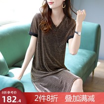 Baoshili V-neck gold silk short-sleeved dress womens medium-long plaid knitted skirt 2021 summer new loose skirt